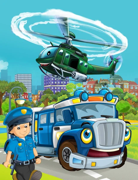 Σκηνή κινουμένων σχεδίων με αυτοκίνητο της αστυνομίας όχημα στο δρόμο και στρατιωτική h — Φωτογραφία Αρχείου