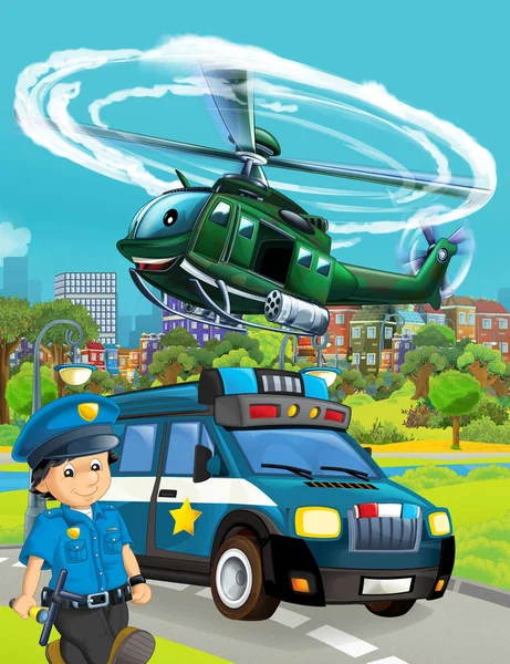 Kreslená scéna s policejním autem vozidlo na silnici a vojenské h — Stock fotografie