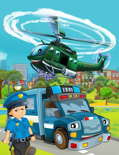 Cena dos desenhos animados com veículo de carro da polícia na estrada e militar h — Fotografia de Stock