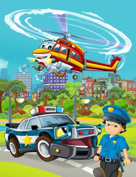 Cena dos desenhos animados com veículo de carro da polícia na estrada e bombeiro ele — Fotografia de Stock