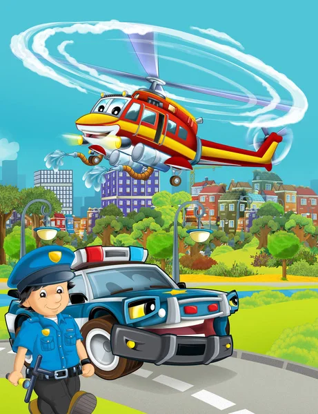 卡通片场景，警车在路上，消防员在路上 — 图库照片