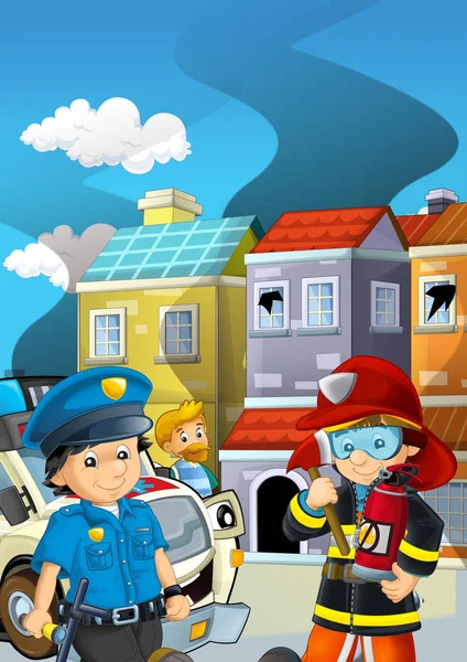 Etapa de dibujos animados con bomberos lucha contra incendios cerca de algún edificio ahumado — Foto de Stock