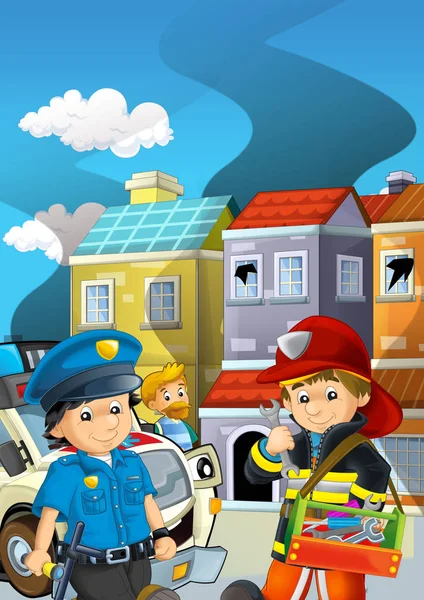 Cartoon stage with fireman fire fighting near some building smok — Stock Photo, Image