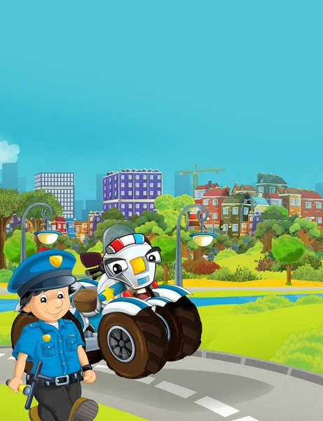 Escena de dibujos animados con la policía motocicleta vehículo monstruo camión en th — Foto de Stock