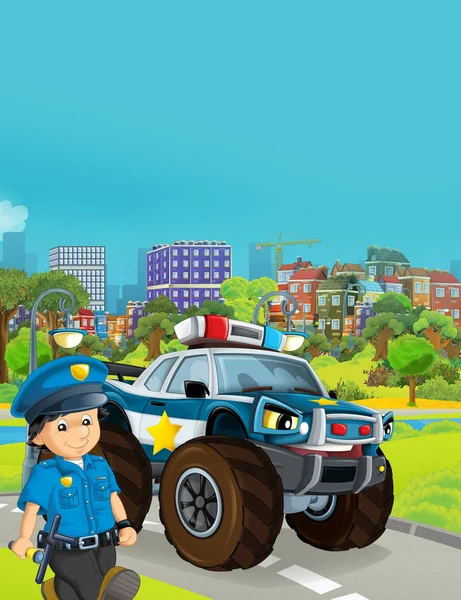 Cartoon scene met politie auto monster truck op de weg — Stockfoto