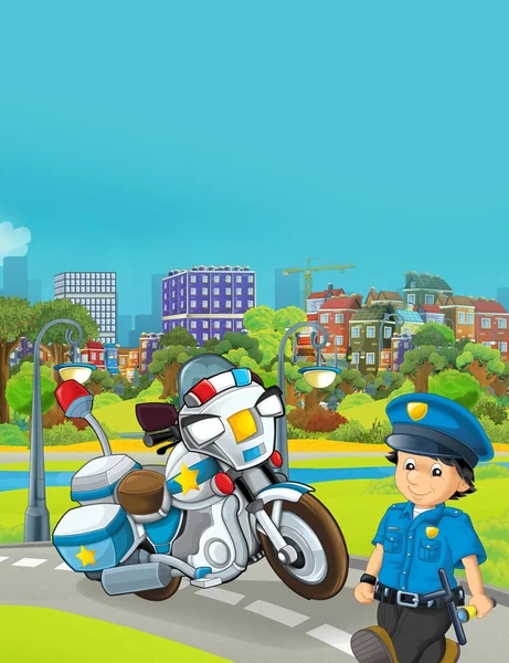 Cartoon scene met politie motorfiets voertuig op de weg - illus — Stockfoto