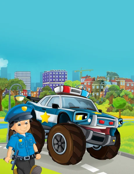 Escena de dibujos animados con vehículo de coche de policía en la carretera - ilustración — Foto de Stock