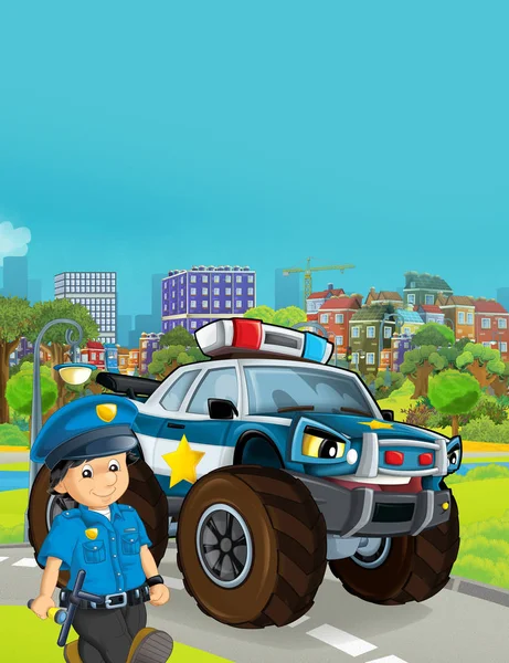 Escena de dibujos animados con vehículo de coche de policía en la carretera - ilustración — Foto de Stock