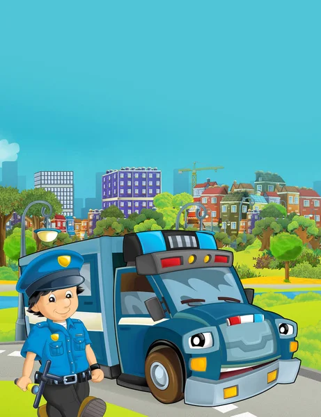Σκηνή κινουμένων σχεδίων με όχημα της αστυνομίας στο δρόμο - εικονογράφηση — Φωτογραφία Αρχείου