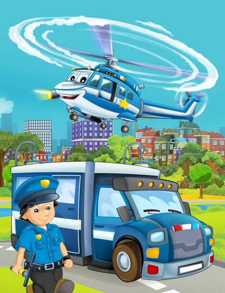 Kreslená scéna s policejním automobilem na silnici a vrtulníku — Stock fotografie