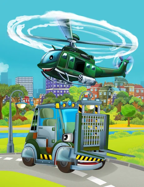 Askeri aracın yolda olduğu ve helikopterin uçtuğu karikatür sahnesi - çocuklar için illüstrasyon — Stok fotoğraf