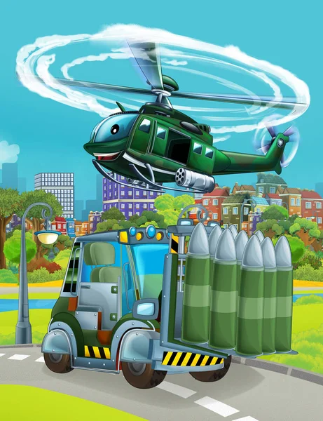 Σκηνή κινουμένων σχεδίων με στρατιωτικό όχημα αυτοκίνητο στο δρόμο και ελικόπτερο που φέρουν πάνω - εικονογράφηση για τα παιδιά — Φωτογραφία Αρχείου