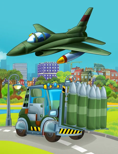 Cartoon scene with military army car vehicle on the road and jet plane flying over - illustration for children — Stock Photo, Image