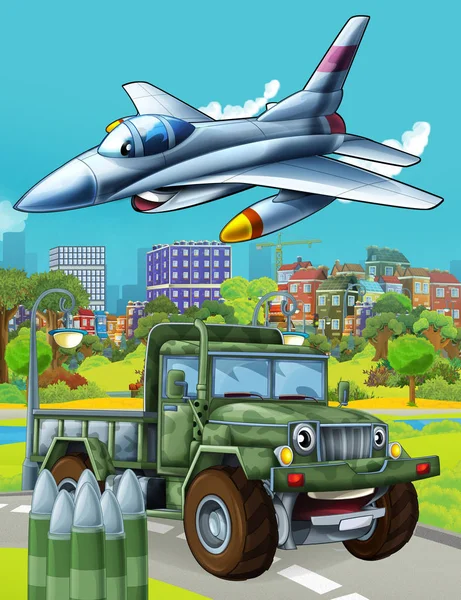 Cartoon scene with military army car vehicle on the road and jet plane flying over - illustration for children — 스톡 사진