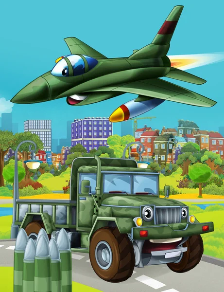 Cartoon scene with military army car vehicle on the road and jet plane flying over - illustration for children — Stock Photo, Image