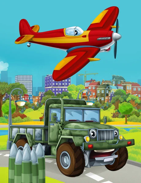 Askeri aracın yolda olduğu ve itfaiyecilerin uçtuğu karikatür sahnesi - çocuklar için illüstrasyon — Stok fotoğraf