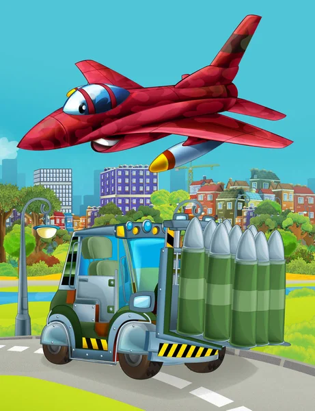 Kreslená scéna s vojenskou armádou auto vozidlo na silnici a jet letadlo létání přes - ilustrace pro děti — Stock fotografie