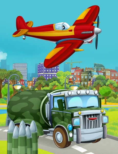 Kreslená scéna s vojenským armádním vozem na silnici a letadlem přeletěním - ilustrace pro děti — Stock fotografie