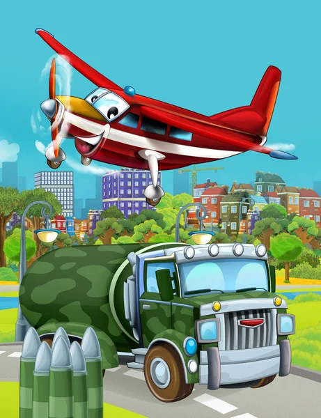 Cartoon scene with military army car vehicle on the road and plane flying over - illustration for children — Stock Photo, Image