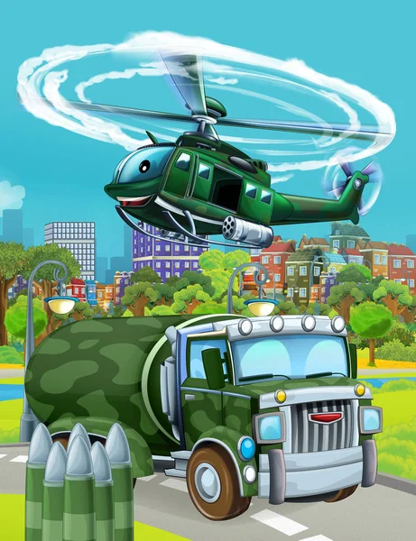 cartoon scene with military army car vehicle on the road and helicopter flying over - illustration for children