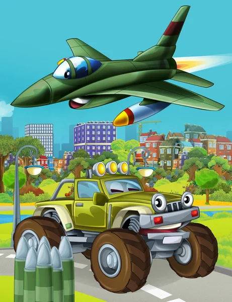 Scena kreskówek z wojskowym samochodem wojskowym na drodze i samolot odrzutowy przelatujący nad - ilustracja dla dzieci — Zdjęcie stockowe