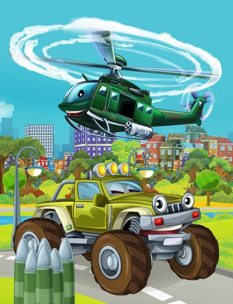 Escena de dibujos animados con vehículo militar del ejército en la carretera y helicóptero volando sobre - ilustración para los niños — Foto de Stock