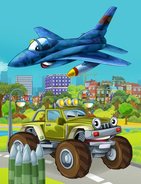 Zeichentrickszene mit Militärfahrzeug auf der Straße und überfliegendem Düsenflugzeug - Illustration für Kinder — Stockfoto