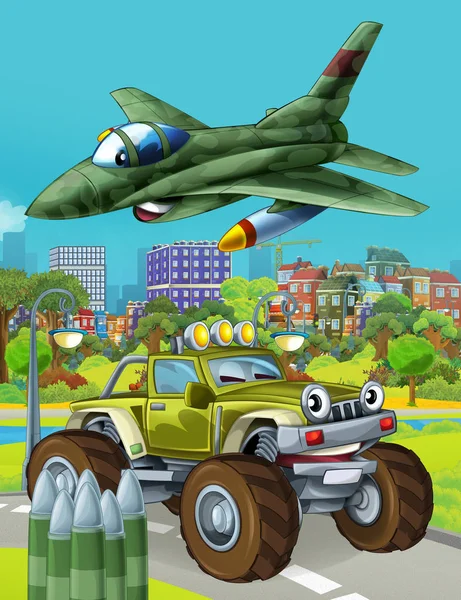 Zeichentrickszene mit Militärfahrzeug auf der Straße und überfliegendem Düsenflugzeug - Illustration für Kinder — Stockfoto