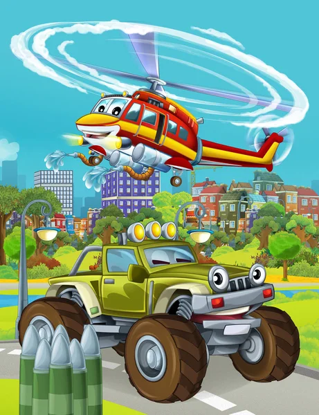 Cartoon scene with military army car vehicle on the road and fireman helicopter flying over - illustration for children — 스톡 사진