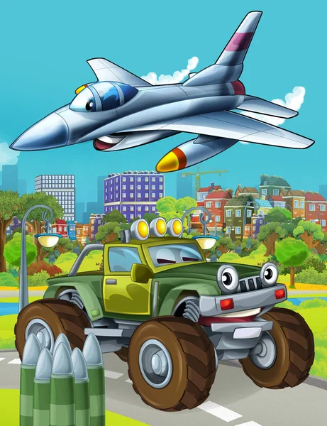 Zeichentrickszene mit Militärfahrzeug auf der Straße und überfliegendem Düsenflugzeug - Illustration für Kinder — Stockfoto