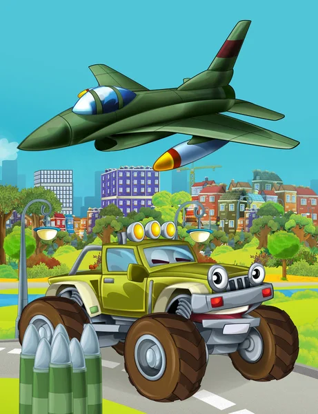 Zeichentrickszene mit Militärfahrzeug auf der Straße und überfliegendem Düsenflugzeug - Illustration für Kinder — Stockfoto