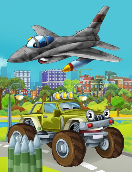 Zeichentrickszene mit Militärfahrzeug auf der Straße und überfliegendem Düsenflugzeug - Illustration für Kinder — Stockfoto