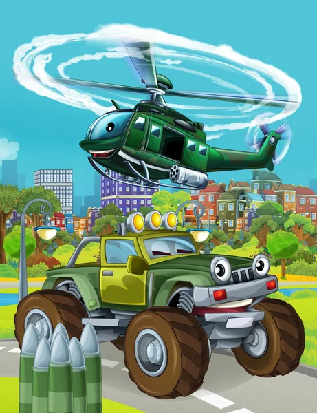 Cena dos desenhos animados com veículo de carro do exército militar na estrada e helicóptero sobrevoando ilustração para crianças — Fotografia de Stock