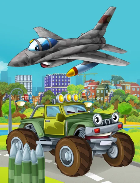 Zeichentrickszene mit Militärfahrzeug auf der Straße und überfliegendem Düsenflugzeug - Illustration für Kinder — Stockfoto