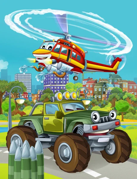 Zeichentrickszene mit Militärfahrzeug auf der Straße und überfliegendem Feuerwehrhubschrauber - Illustration für Kinder — Stockfoto