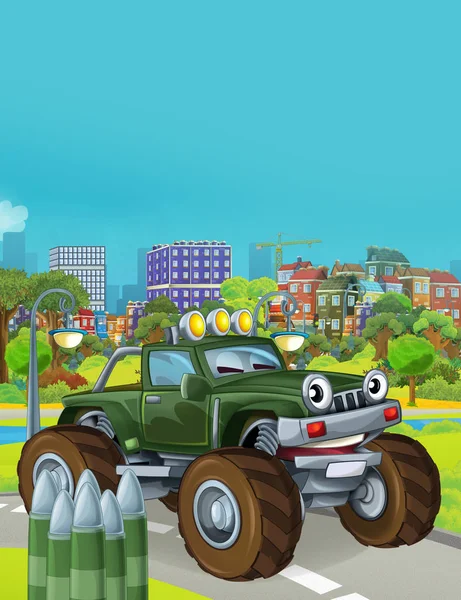 Cena dos desenhos animados com veículo de carro do exército militar na estrada - ilustração para crianças — Fotografia de Stock