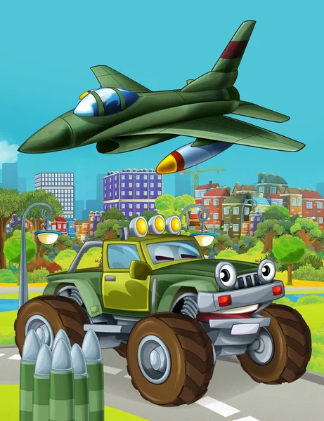 Σκηνή κινουμένων σχεδίων με στρατιωτικό όχημα αυτοκίνητο στο δρόμο και αεροπλάνο τζετ που φέρουν πάνω - εικονογράφηση για τα παιδιά — Φωτογραφία Αρχείου