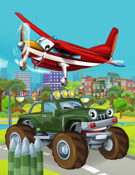 Zeichentrickszene mit Militärfahrzeug auf der Straße und überfliegendem Flugzeug - Illustration für Kinder — Stockfoto