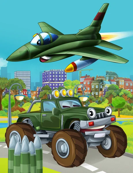 cartoon scene with military army car vehicle on the road and jet plane flying over - illustration for children