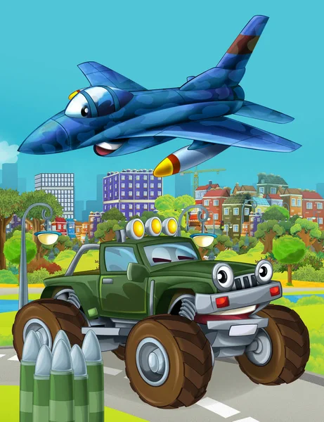 Scena kreskówek z wojskowym samochodem wojskowym na drodze i samolot odrzutowy przelatujący nad - ilustracja dla dzieci — Zdjęcie stockowe
