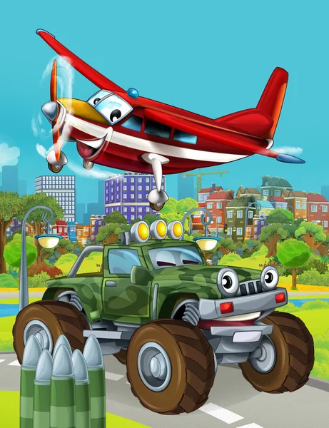 Escena de dibujos animados con vehículo militar del ejército en la carretera y el avión volando sobre - ilustración para los niños —  Fotos de Stock