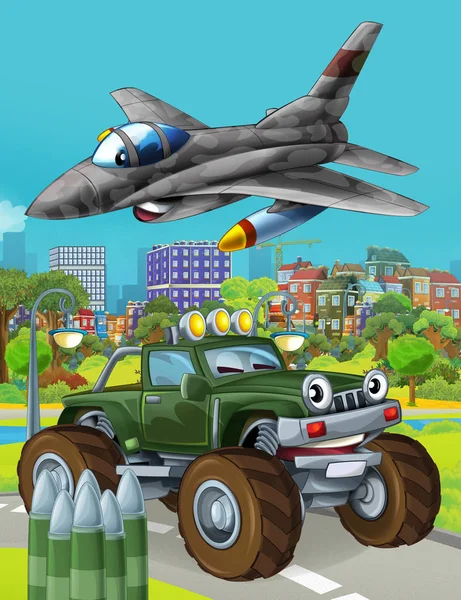 Zeichentrickszene mit Militärfahrzeug auf der Straße und überfliegendem Düsenflugzeug - Illustration für Kinder — Stockfoto