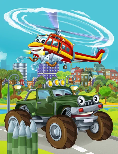 Tecknad scen med militär armé bil fordon på vägen och brandman helikopter flyger över - illustration för barn — Stockfoto