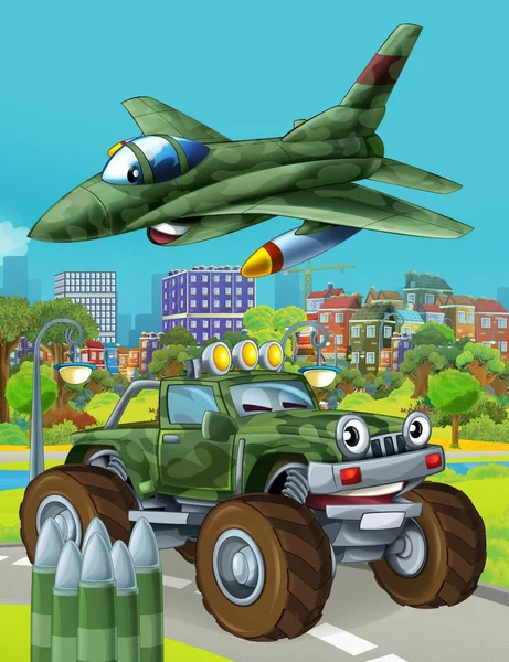 道路上の軍用車両とジェット飛行機が飛んで漫画シーン-子供のためのイラスト — ストック写真