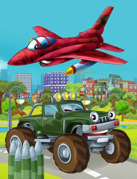 Cartoon scene with military army car vehicle on the road and jet plane flying over - illustration for children — 스톡 사진