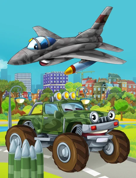 Zeichentrickszene mit Militärfahrzeug auf der Straße und überfliegendem Düsenflugzeug - Illustration für Kinder — Stockfoto