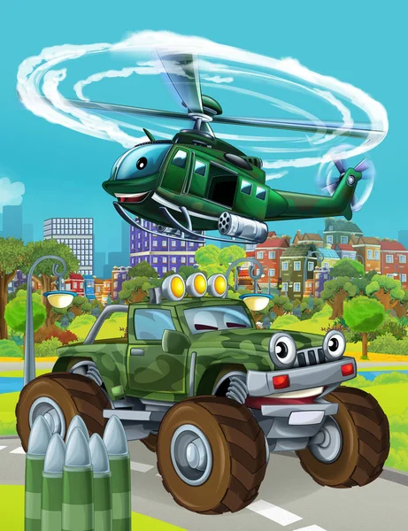 Cartoon scene with military army car vehicle on the road and helicopter flying over - illustration for children — 스톡 사진