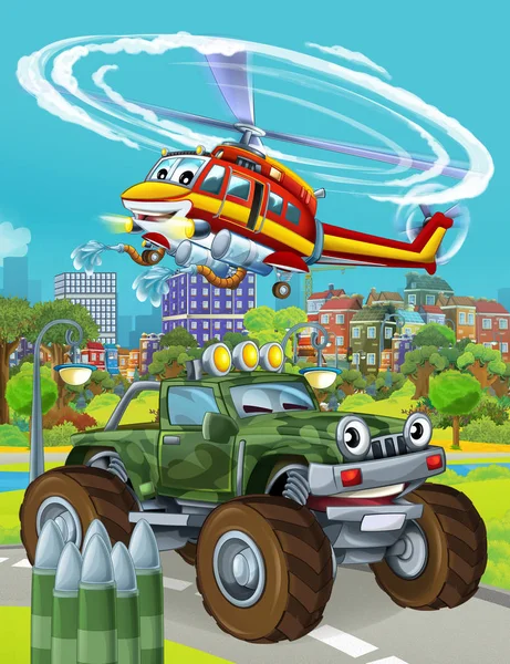 Escena de dibujos animados con vehículo militar coche del ejército en la carretera y helicóptero bombero volando sobre - ilustración para los niños — Foto de Stock