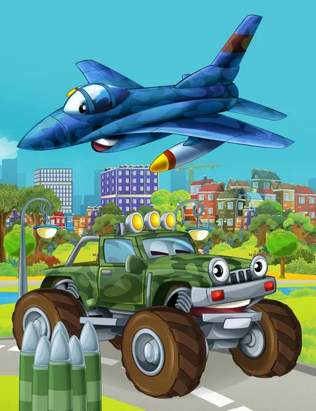 Zeichentrickszene mit Militärfahrzeug auf der Straße und überfliegendem Düsenflugzeug - Illustration für Kinder — Stockfoto