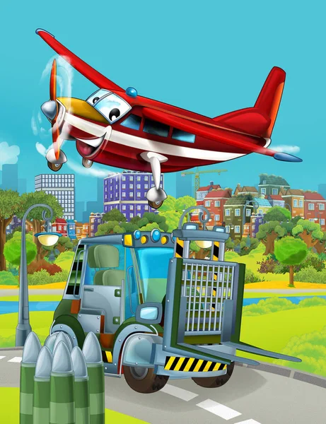 Escena de dibujos animados con vehículo militar coche del ejército en la carretera y avión bombero volando sobre - ilustración para los niños — Foto de Stock